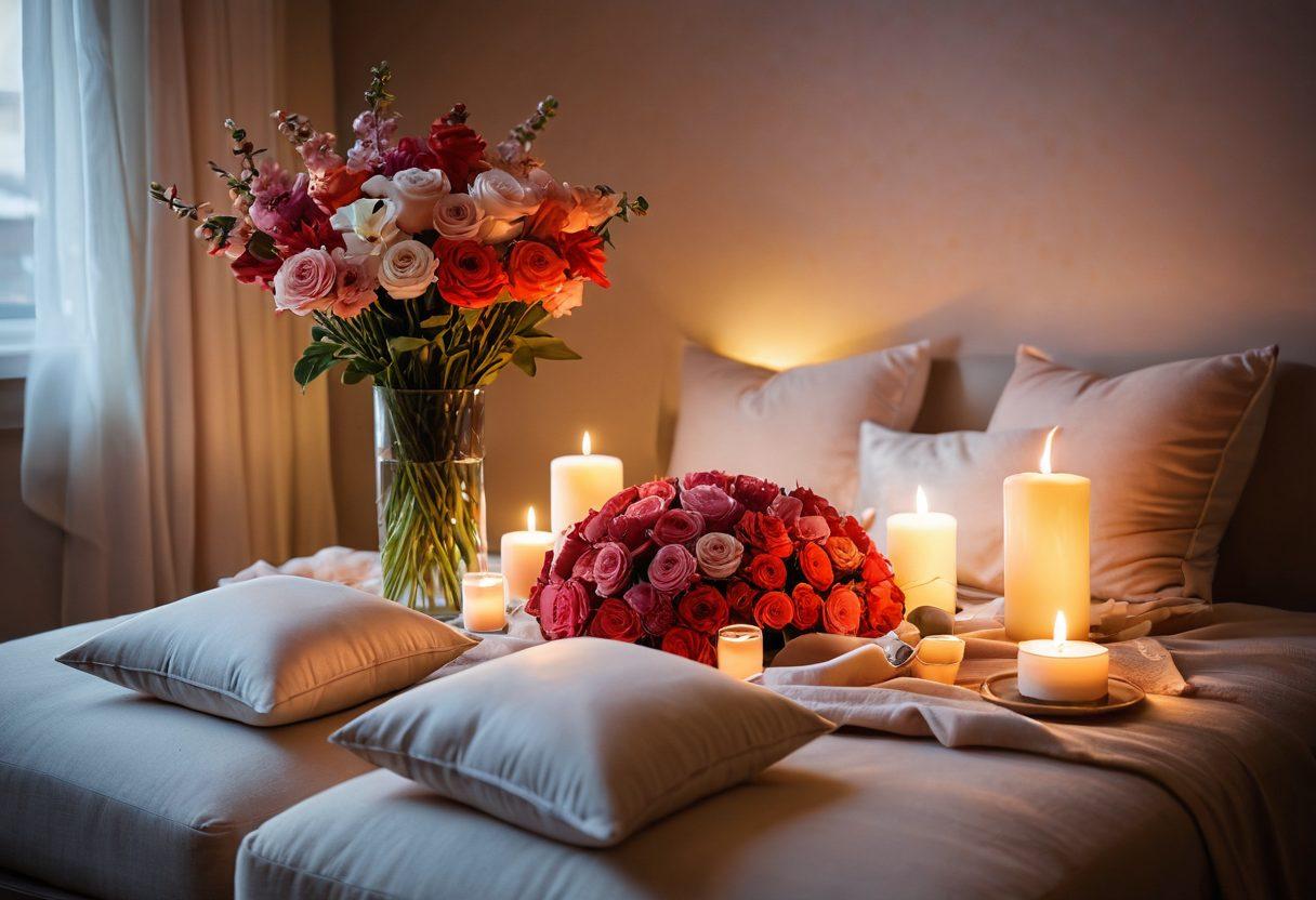 A beautifully arranged intimate setting with soft lighting, featuring a bouquet of sensual flowers and elegant candles. Include diverse individuals engaging in relaxed conversation, surrounded by cozy cushions and soft fabrics, symbolizing comfort and connection in sexual wellness. Subtle symbols of trust and understanding, like intertwined hands or a heart-shaped object, should be included. The color palette should be warm and inviting, with vibrant accents to evoke a sense of intimacy and relaxation. super-realistic. warm colors. cozy atmosphere.
