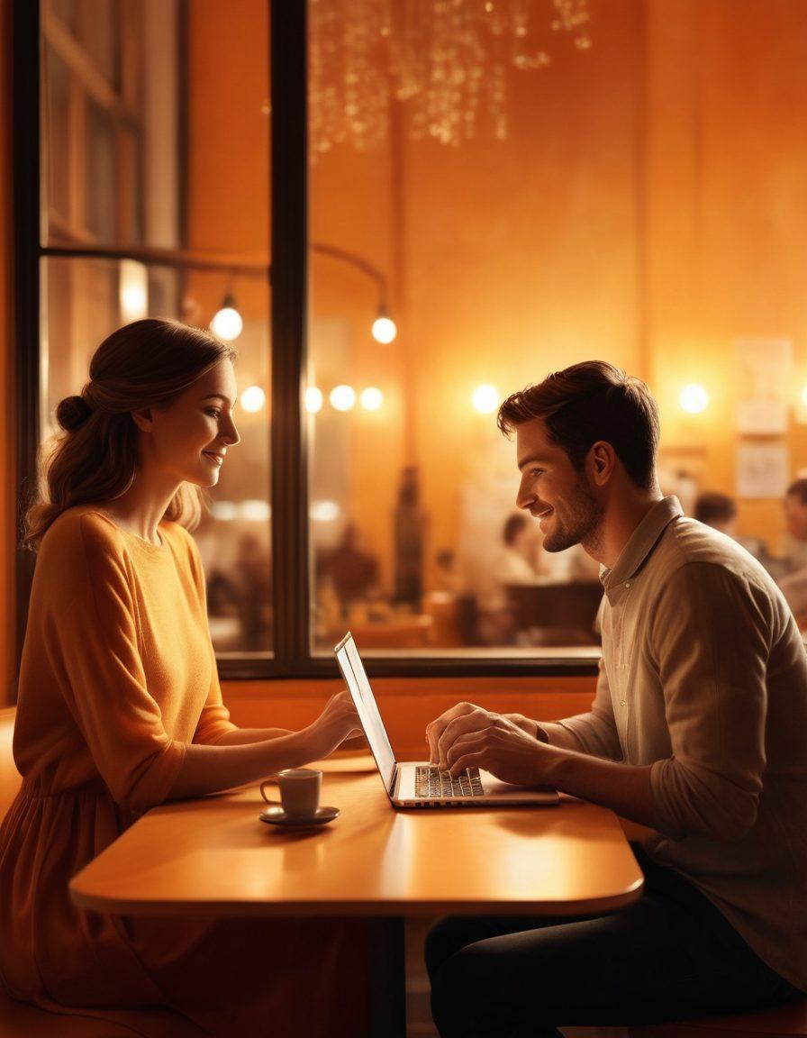 A couple engaged in an intimate and playful conversation, surrounded by an ethereal glow that symbolizes the transition from pleasure to desire. Include soft, warm lighting that enhances the romantic atmosphere, with elements like an open laptop displaying a blog page and subtle hints of connection like interwoven hands. The background should be a blurred, cozy café setting, suggesting a blend of personal and digital interaction. super-realistic. warm colors. soft focus.