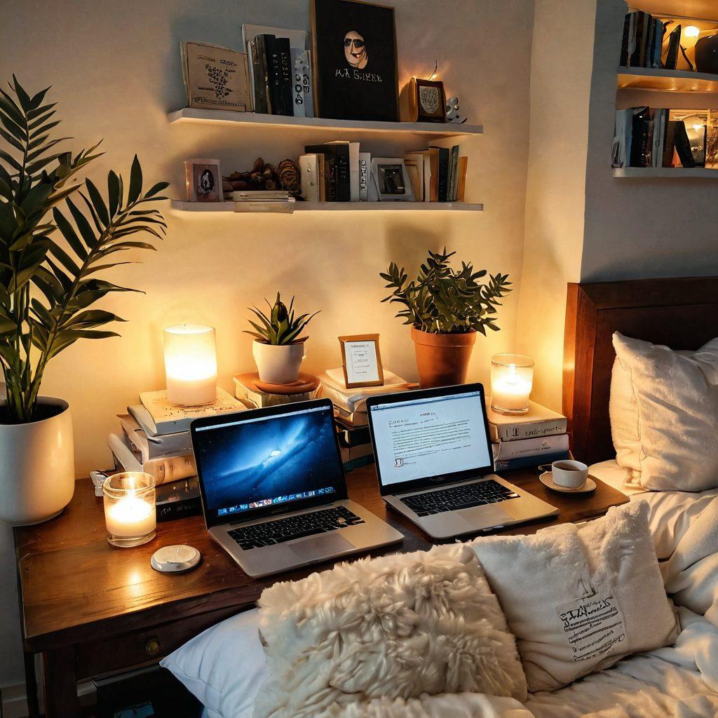 A serene and inviting workspace featuring a cozy reading nook with plush pillows, soft lighting, and a stack of books on sexual wellness and adult blogging. Include elements like a warm cup of tea, a softly glowing candle, and a laptop displaying a blog page. The ambiance should evoke comfort and exploration of intimacy. super-realistic. warm tones. cozy atmosphere.